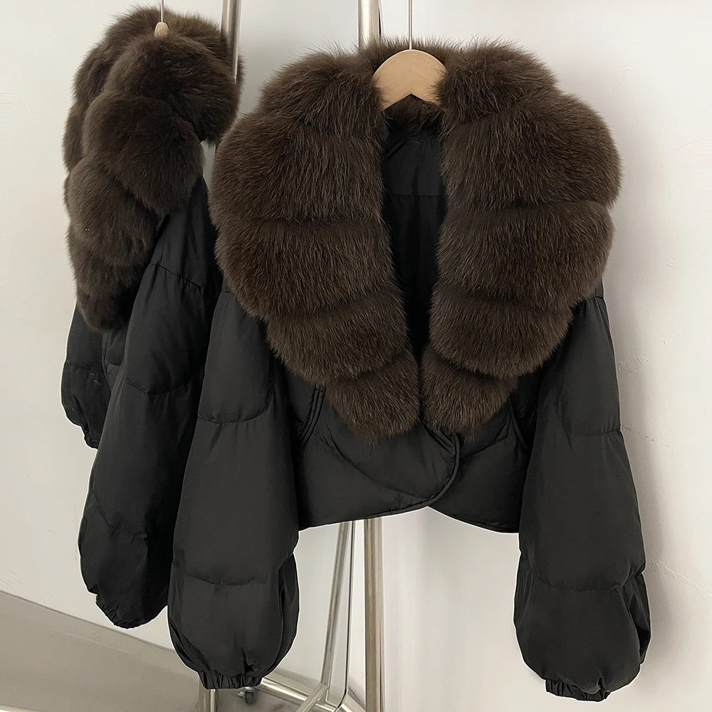 Down Coat – Real Fox Fur Trim – Duck Down – Natural | KIMLUD