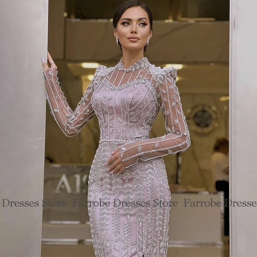 Luxury Dresses for Party Satin Sheath/Column Celebrity Dress Taro Pur High Collar Beads Side Split Evening Dress Long 2025