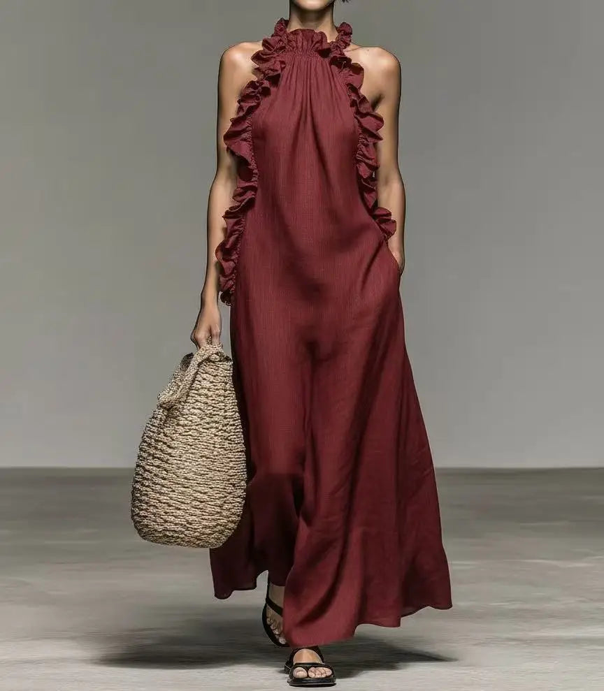 Polyester Solid Halter Maxi Dress — Burgundy | KIMLUD