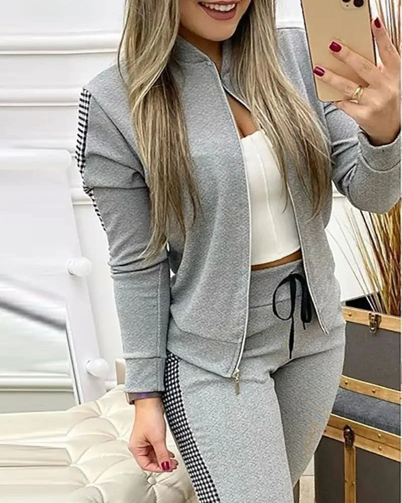 Sport Plaid Patchwork Long Sve Set Women's Casual Sportswear Polyester Fabric Zipper Closure Long Pants Two-Piece Set