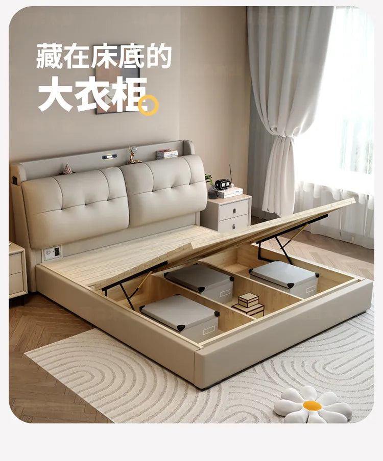 Minimalist Upholstered Bed Frame With Storage — Cream Beige | KIMLUD