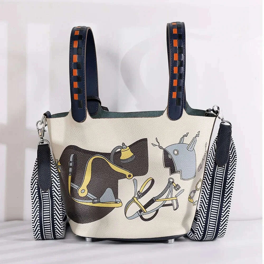 KIMLUD, Various Genuine Leather Luxury Bag Fashion Women's Handbag Vegetable Basket Style Portable Women Bucket Bag with Lock, KIMLUD Womens Clothes