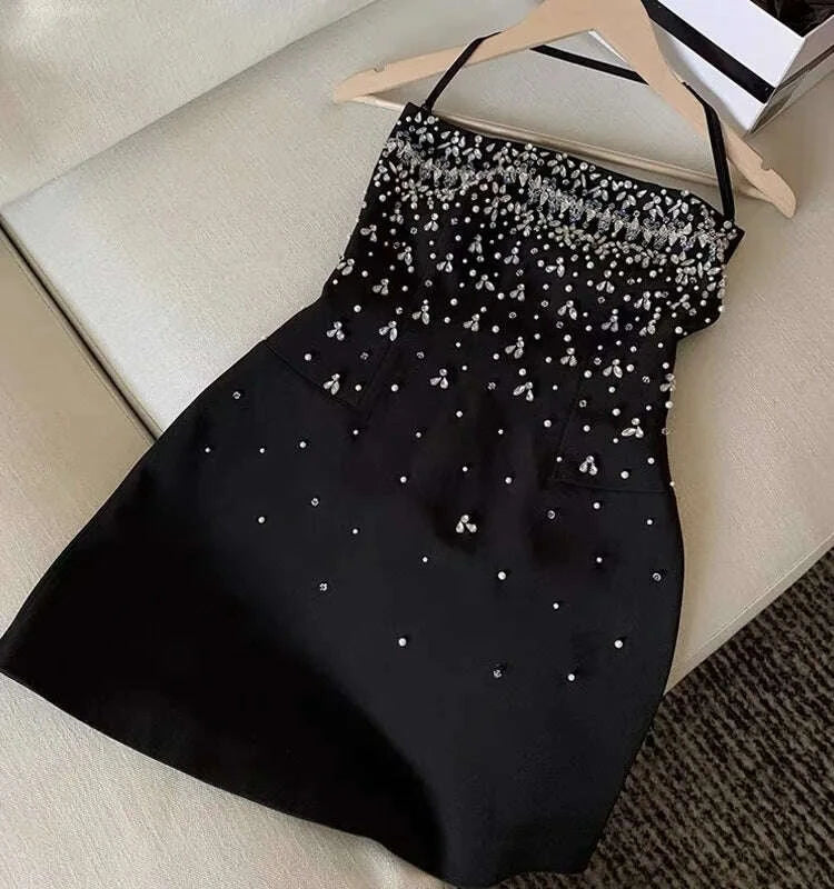 KIMLUD, Spring Women Sleeveless Slash Neck Mini Dress New Luxury Diamonds Chest Wrapping Dresses Summer High Waist Backless A-line Dress, KIMLUD Womens Clothes