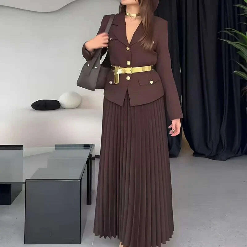 KIMLUD, Elegant Women Two Pieces Set Single-breasted Lapel Jacket Coat Belt Pleated Midi Skirt Suit 2025 office Lady New In Matching Set, KIMLUD Womens Clothes