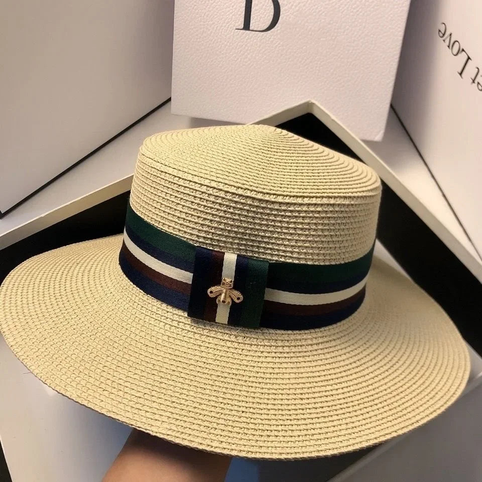 Polyester Wide Brim Hat Striped Bee Embroidery — Multicolor | KIMLUD