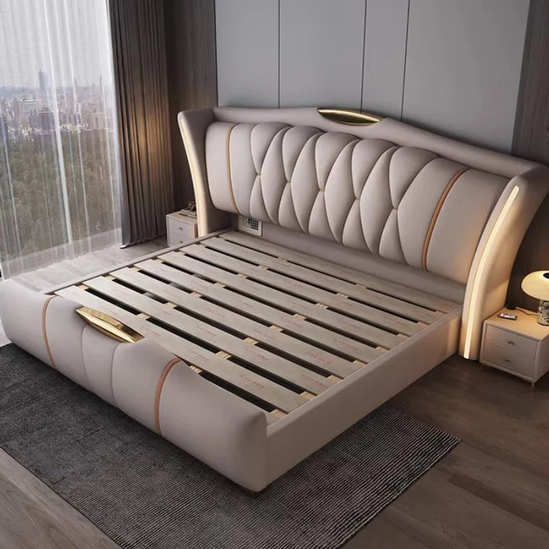 Leather Bed Frame With Lit Headboard — Ivory-Beige | KIMLUD