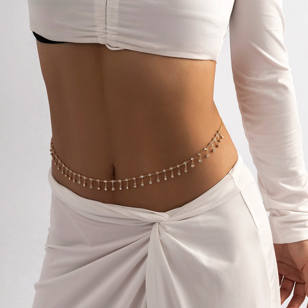 Gold-Tone Tassel Waist Chain Belt Zircon Rhinestone Embellishment — Gold | KIMLUD