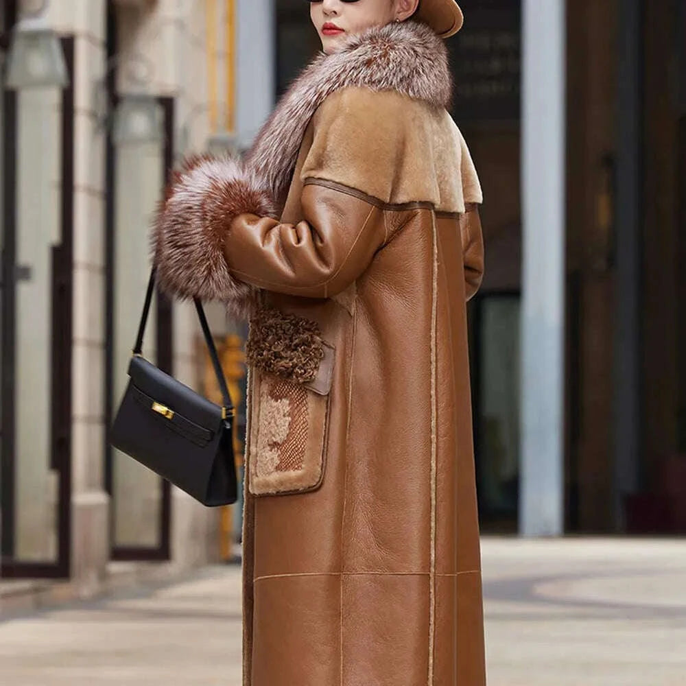 KIMLUD, Slim Long Real Leather Jackets Women Fashion Solid Buttons Coats Women Elegant Tie Belt Waist Pockets Jackets Female Ladies, KIMLUD Womens Clothes