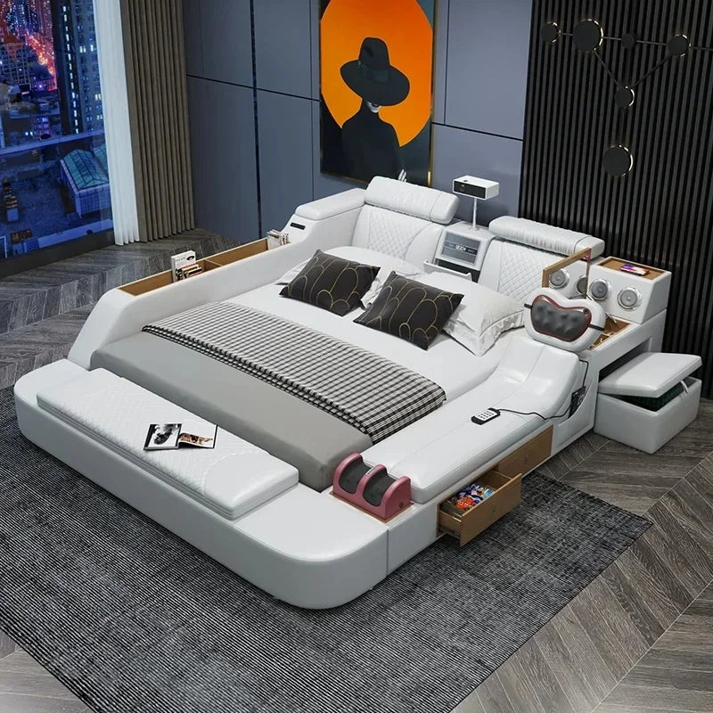 Luxury Smart King Size Bed with Queen Beds, Storage Cabinet, Headboard, and Loft Mattress for California Day Bedroom Furniture