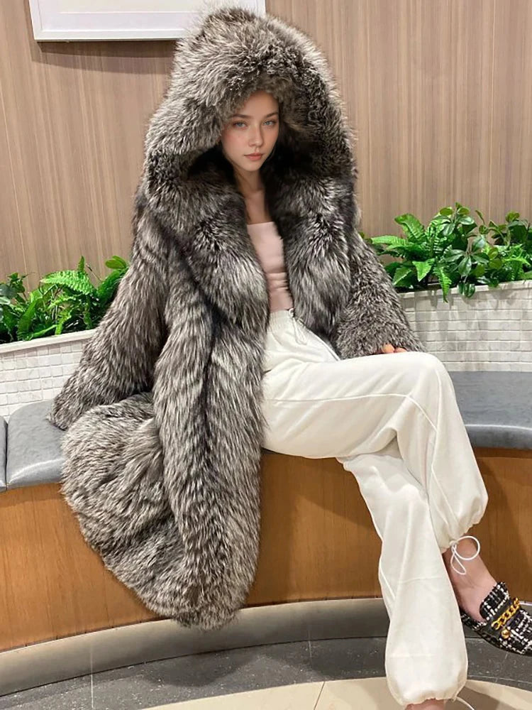 DEAT Fashion Silver Fox Over-knee-length Faux Fur Coat Women's Hooded Loose Plush Jacket Winter New 7A2292