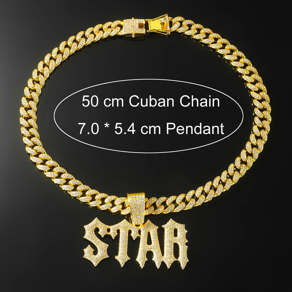Men Women Hip Hop Letter STAR Pendant Necklace with Cuban Chain Iced out Bling Necklaces Tennis Chain Fashion Punk Jewelry Gift
