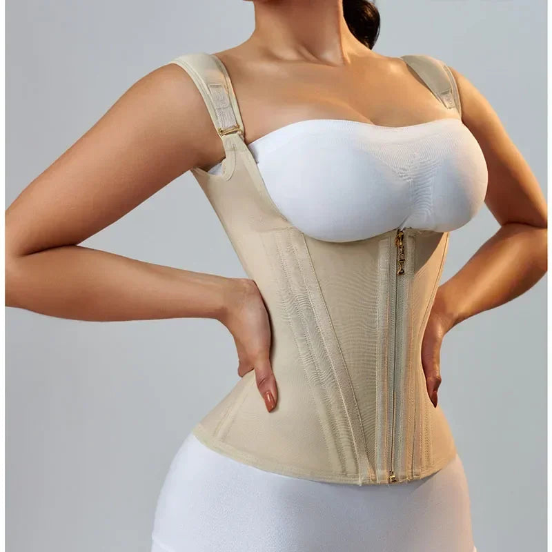 Colombian Fajas Double-Compression Body Shaper Vest Corset With Zipper And Hook-Eyes — Black | KIMLUD