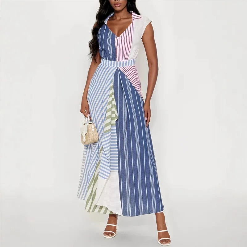 Personality Contrast Color Stitching Striped Dress Women's Summer Fashion Irregular Waist V-neck Sleeveless Commuting Dresses