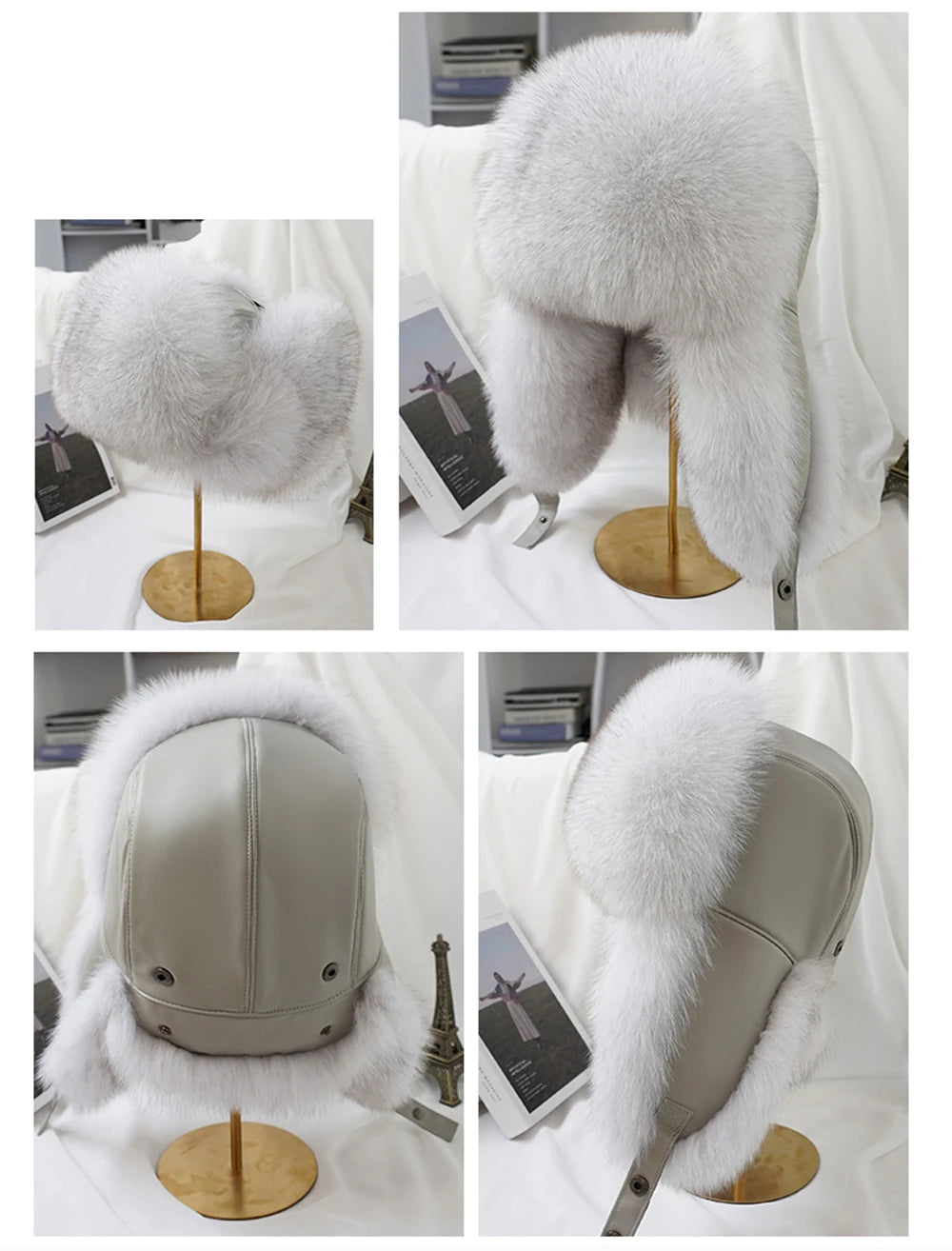 Natural Raccoon Fur Hat Women Black Fox Fur Russian Ushanka Hats Winter Warm Ears Bomber Cap