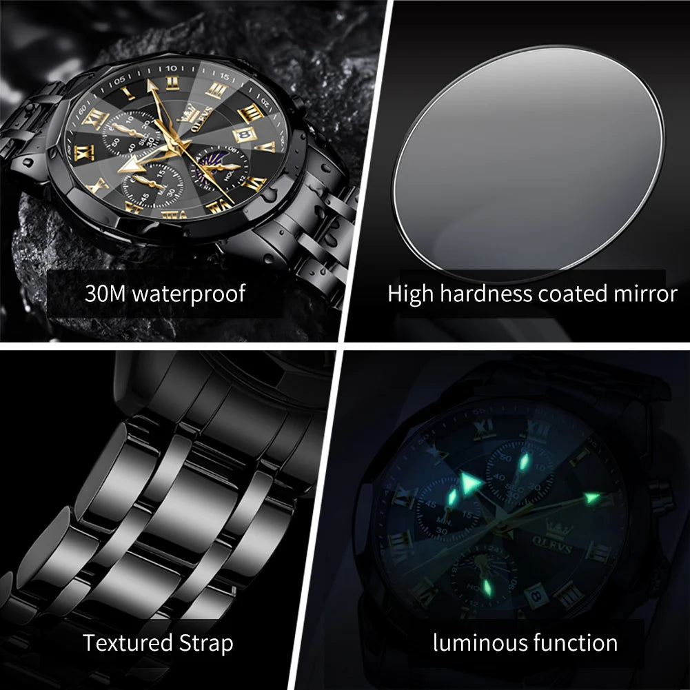 OLEVS 3675 Mens Watch Original Business Brand Quartz Watch Multifunctional Chronograph Waterproof Moon Phase Watch For Man New