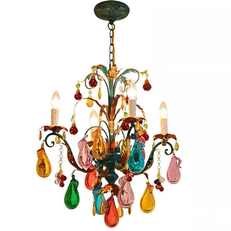 French Colorful Restaurant Chandelier Art Glass Lamp Romantic Bedroom Lamp Retro Colorful Candle Chandelier Crystal Lamp