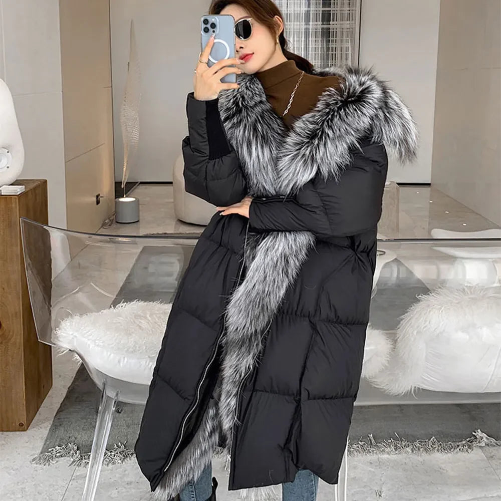 Hot Sales New Winter Long Goose Down Female Parka Fashion Thicken Warm Down Jacket with Large Real Fox Fur Collar Women Overcoat
