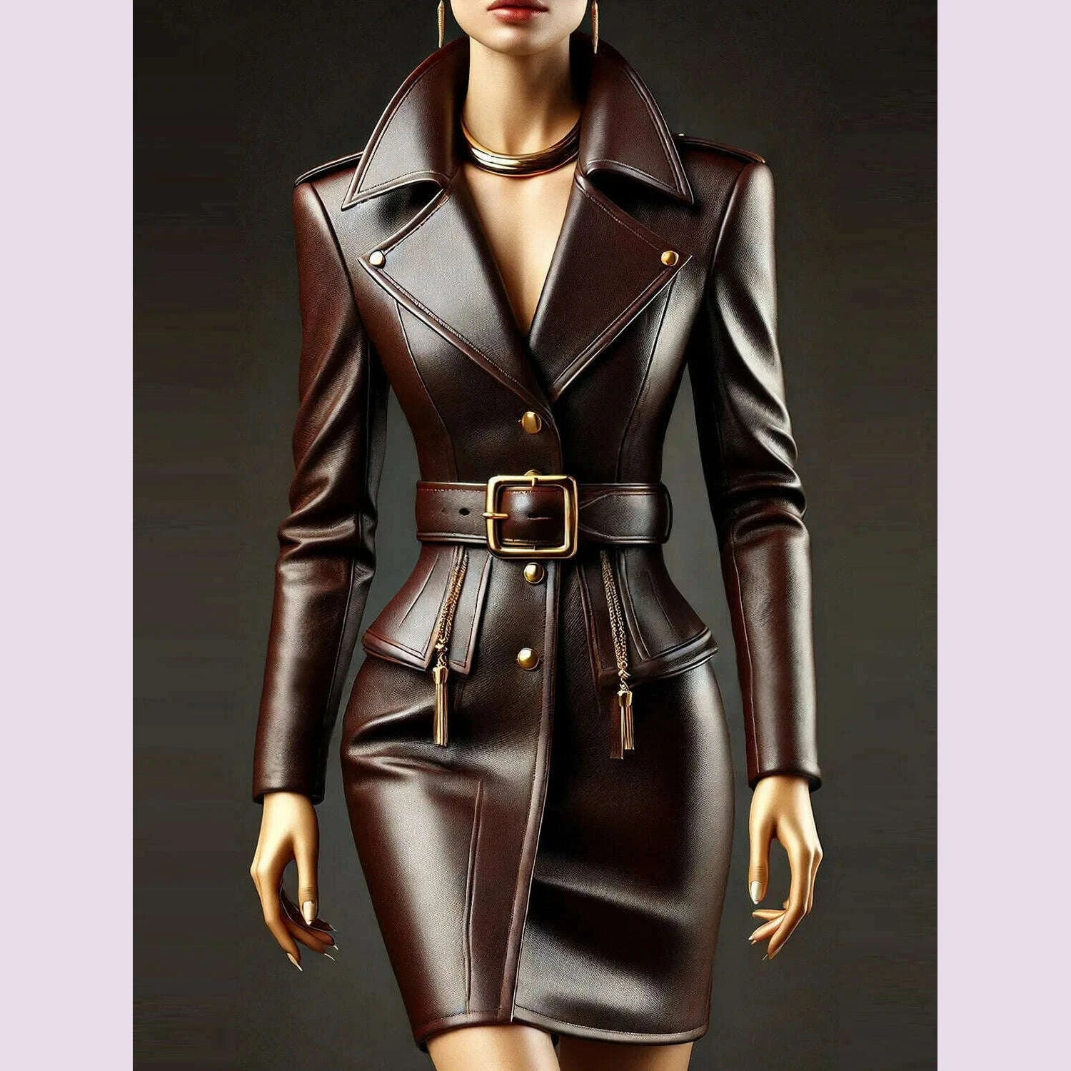 Women's PU Leather Lapel Mini Dress Long Sleeve Belt Button Detail Chi
