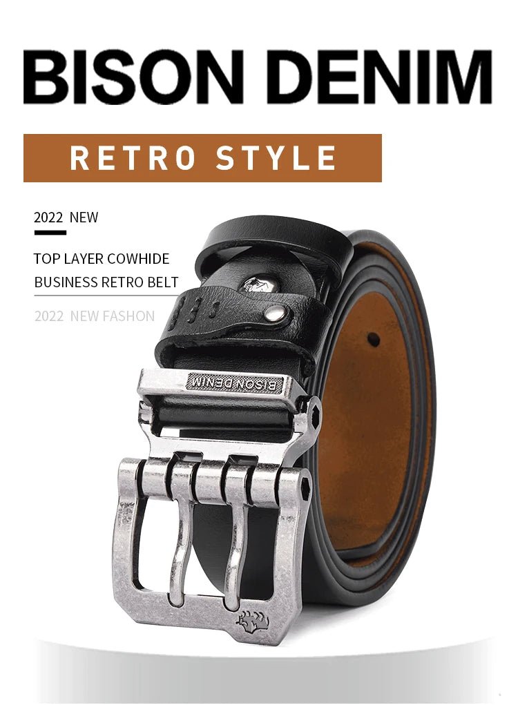 Split Leather Belt Vintage Pin Buckle 3.8 Cm Wide For Men — Black Coffee | KIMLUD