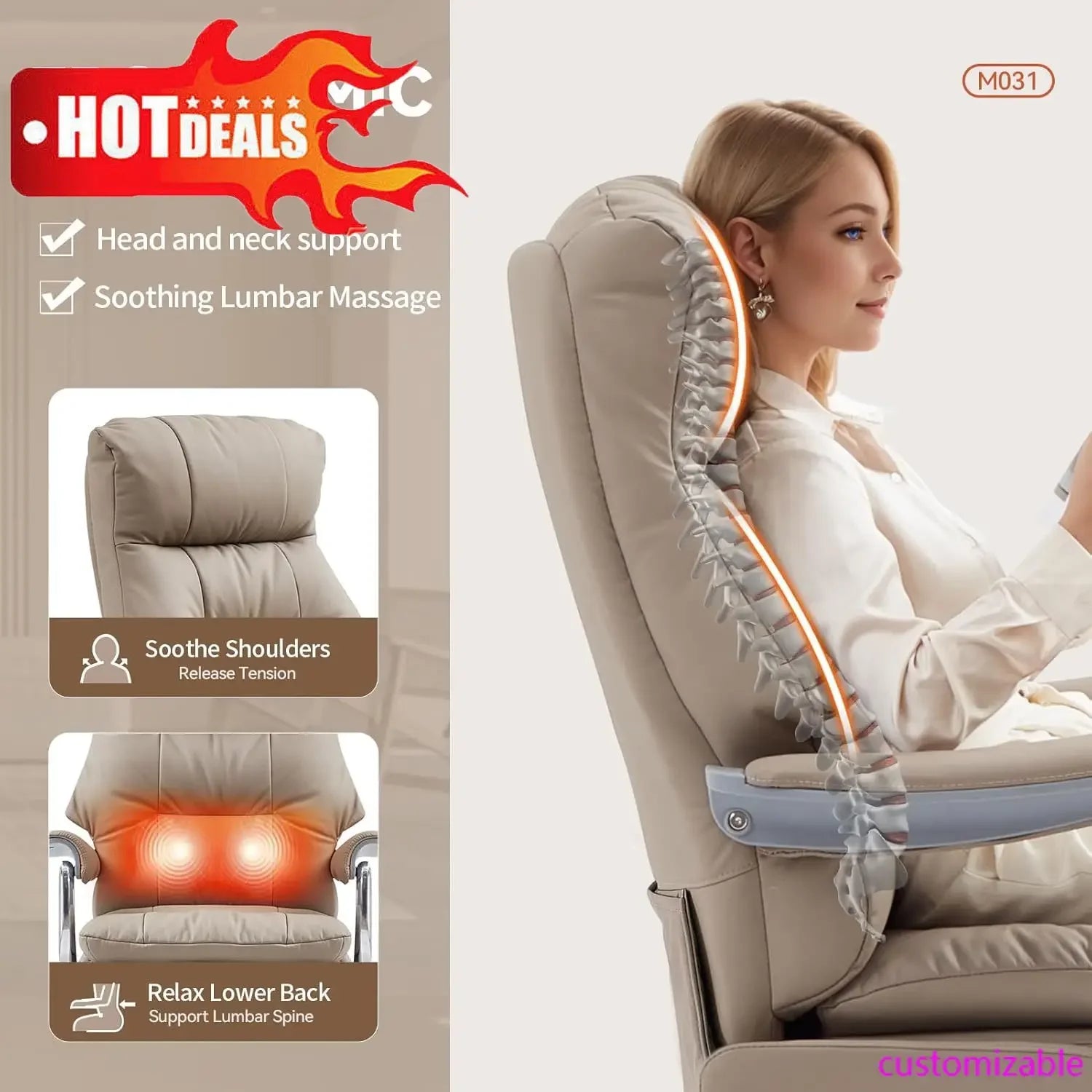 Genuine Leather Executive Office Chair Dual-Motor With Foot Rest — Taupe | KIMLUD