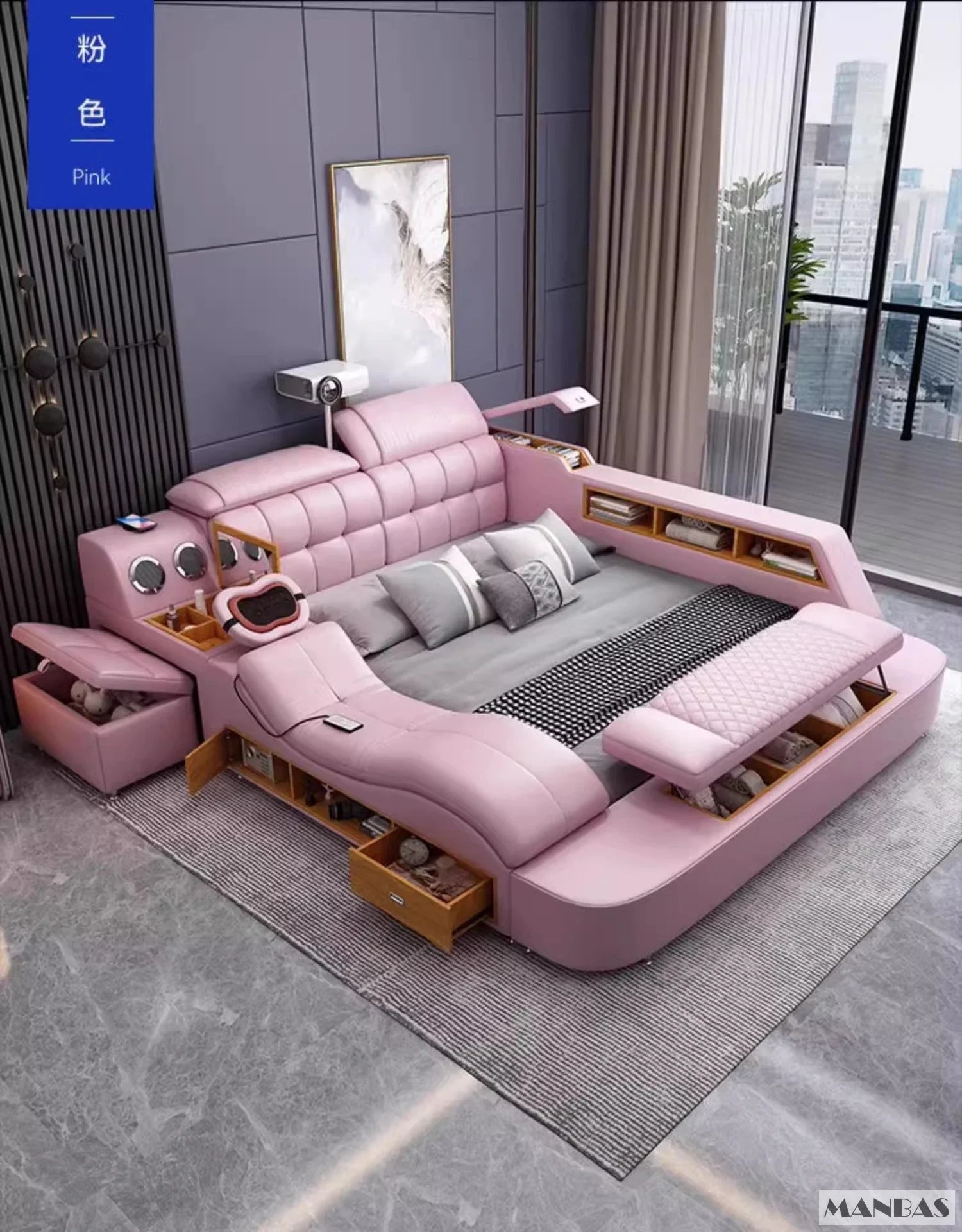 MINGDIBAO Luxury King Size Genuine Leather Bed / Tech Smart Bed / Multifunctional Ultimate Beds / Massage Bed with USB,Projecter