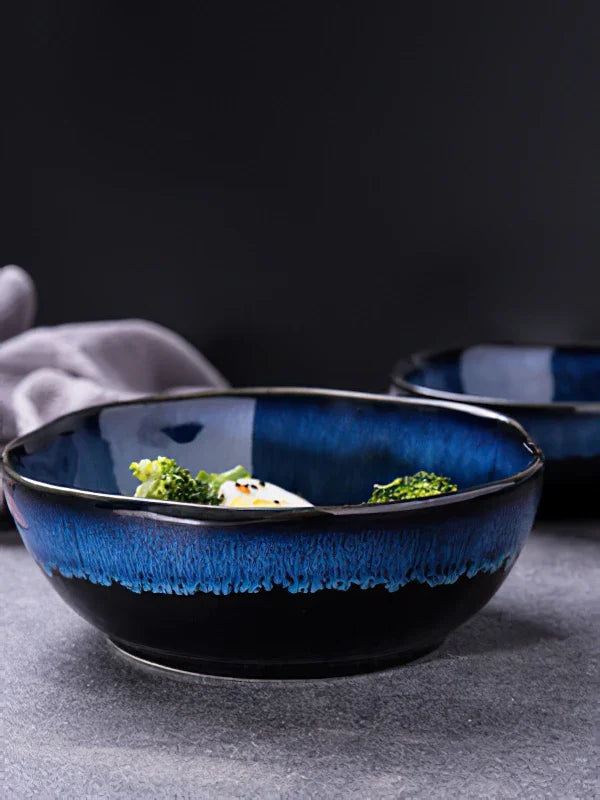 Bone China Bowl Irregular Japanese-Inspired Shape With Soft Flared Rim — Blue | KIMLUD