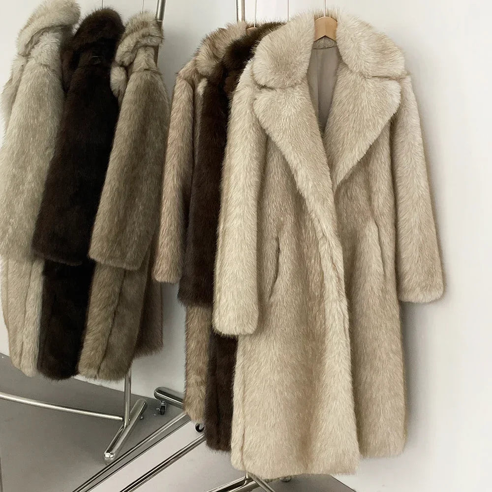 OFTBUY Long Faux Fur Jacket Fashion European Style Lapel Fur Coat Eco-friendly Covered Button Loose Casual Women Coats Winter