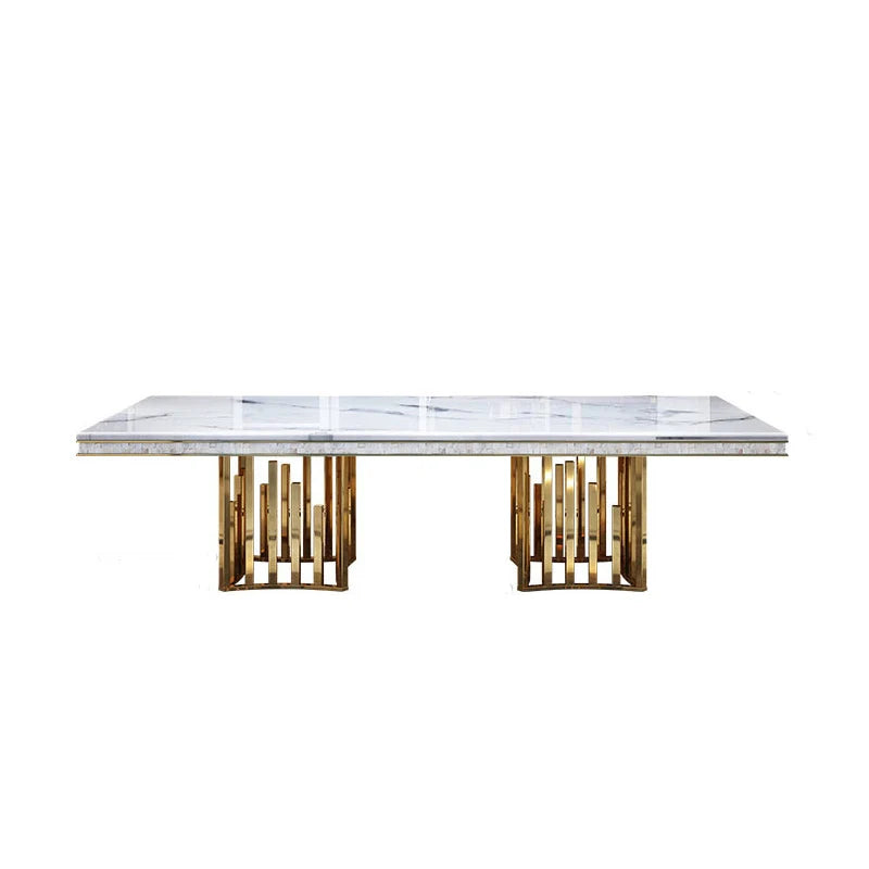 Marble Dining Table Rectangular With Stainless Steel Frame And Marble Surface — White | KIMLUD
