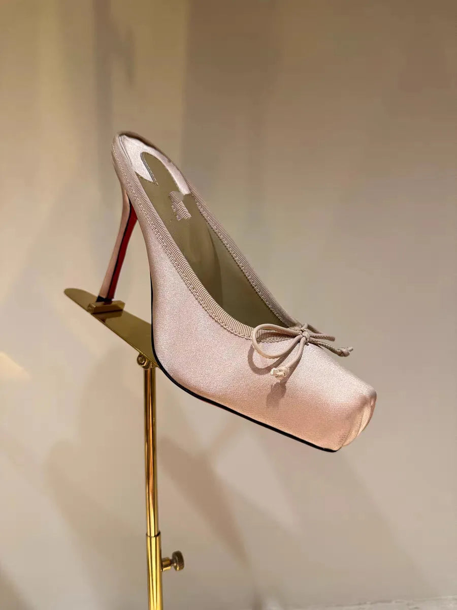 Satin Butterfly-Knot Square-Toe Heels — Black | KIMLUD
