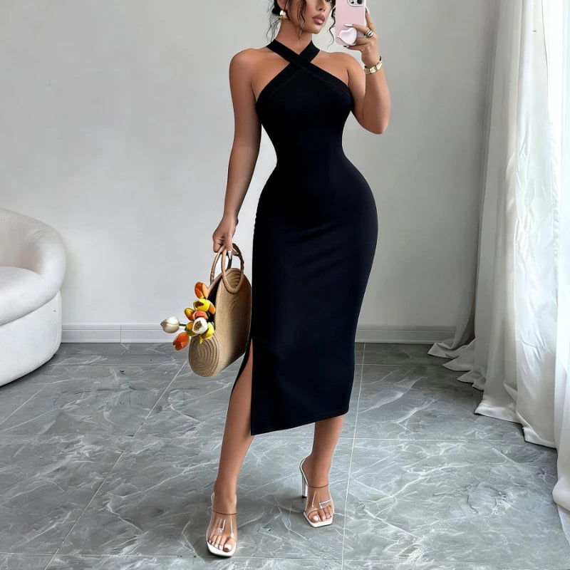Knit Bodycon Midi Dress Halter Neck Side Slit — Burgundy | KIMLUD