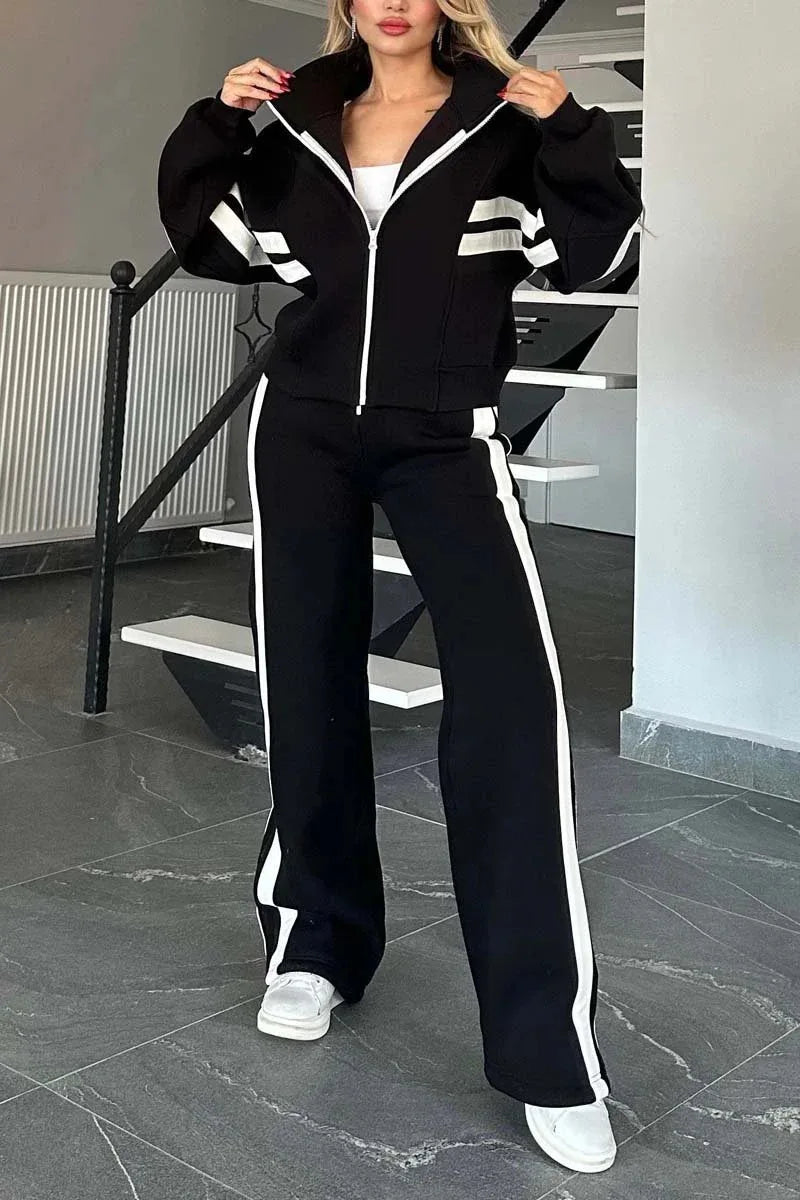 Laminated Striped Two-Piece Tracksuit Set — White | KIMLUD