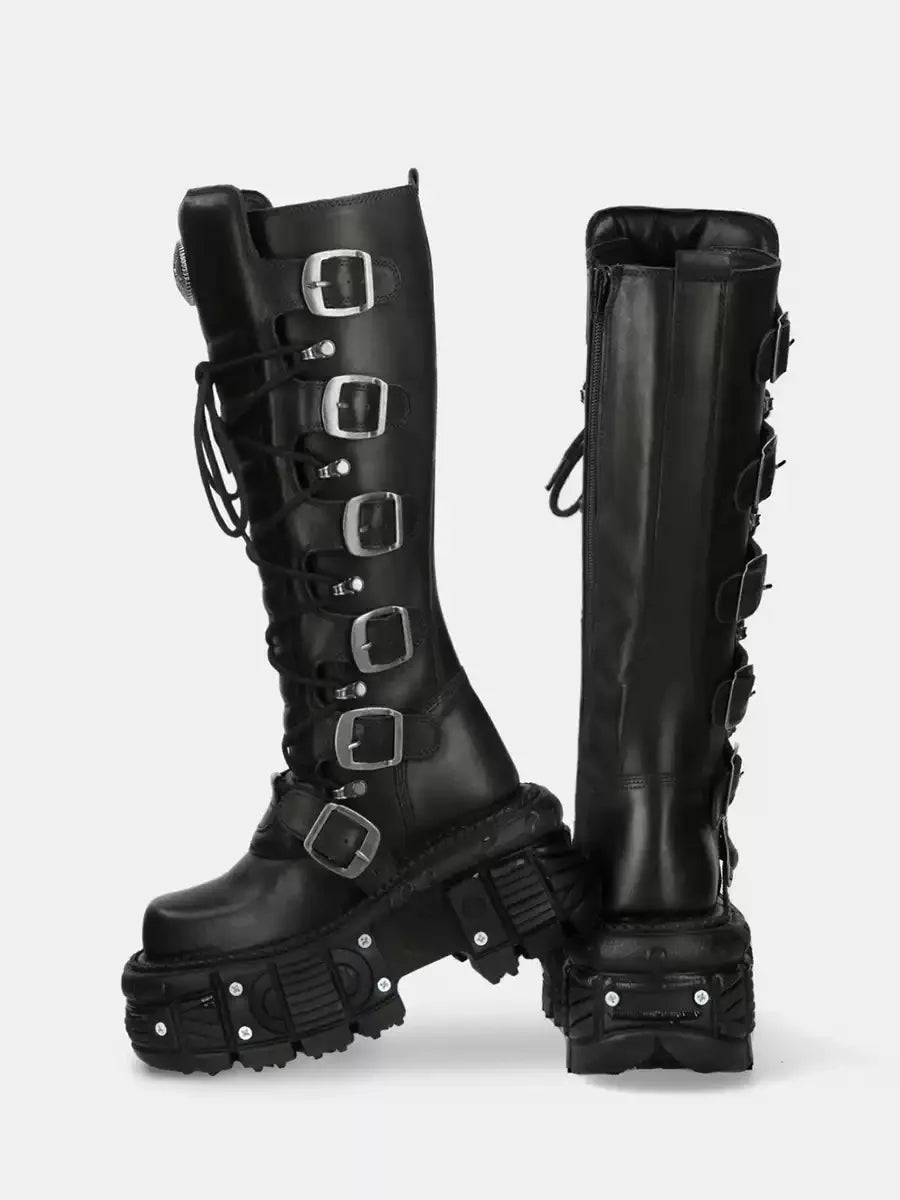 Belt Buckle Motorcycle Boots Knee High Rock Punk Round Toe Thick Bottom Leather Solid Color Fashion Sexy Women Shoes New