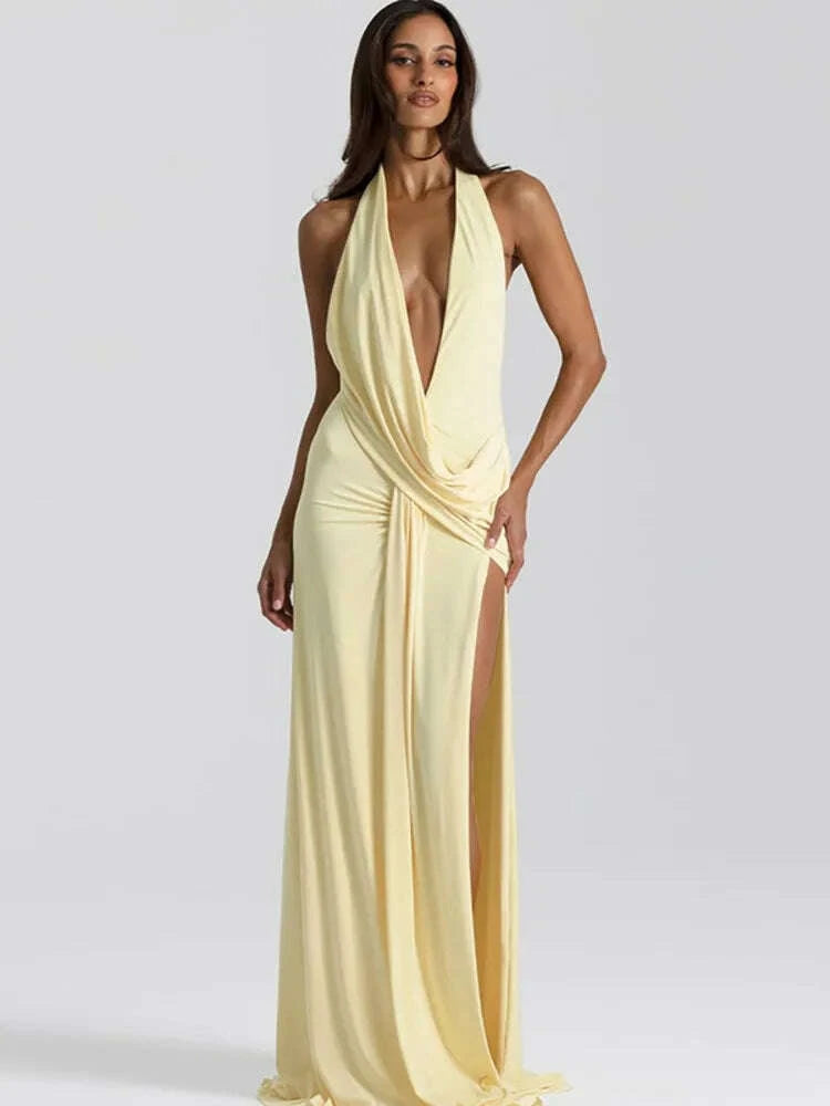 KIMLUD, Mozision Halter Deep V Neck Backless Sexy Maxi Dress Women Gown Fashion Irregular Sleeveless Thigh High Split Club Party Dresses, KIMLUD Womens Clothes