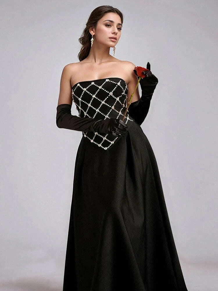 KIMLUD, VC Glamorous Black Sleeveless Strapless Dress with Diamond-Grid Details for Galas Gown, KIMLUD Womens Clothes