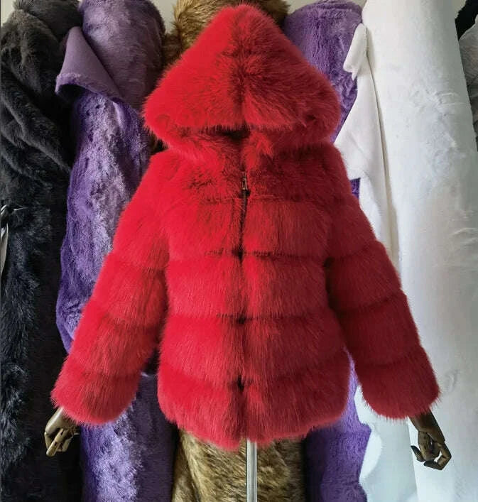 KIMLUD, DEAT Fashion Imitation Fox Fur Grass Jacket Women's Hooded Loose Long Sleeves Patchwork Plush Thick Coat Winter New 7A975, KIMLUD Womens Clothes