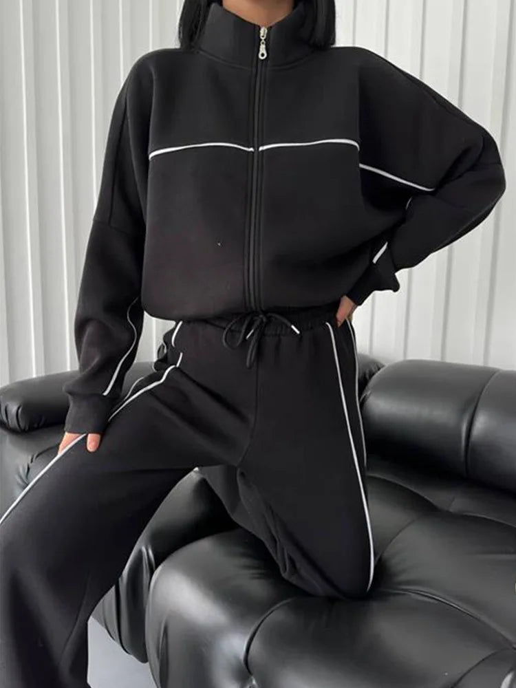 Two-Piece Tracksuit Cardigan Sweater And Trousers — Navy | KIMLUD