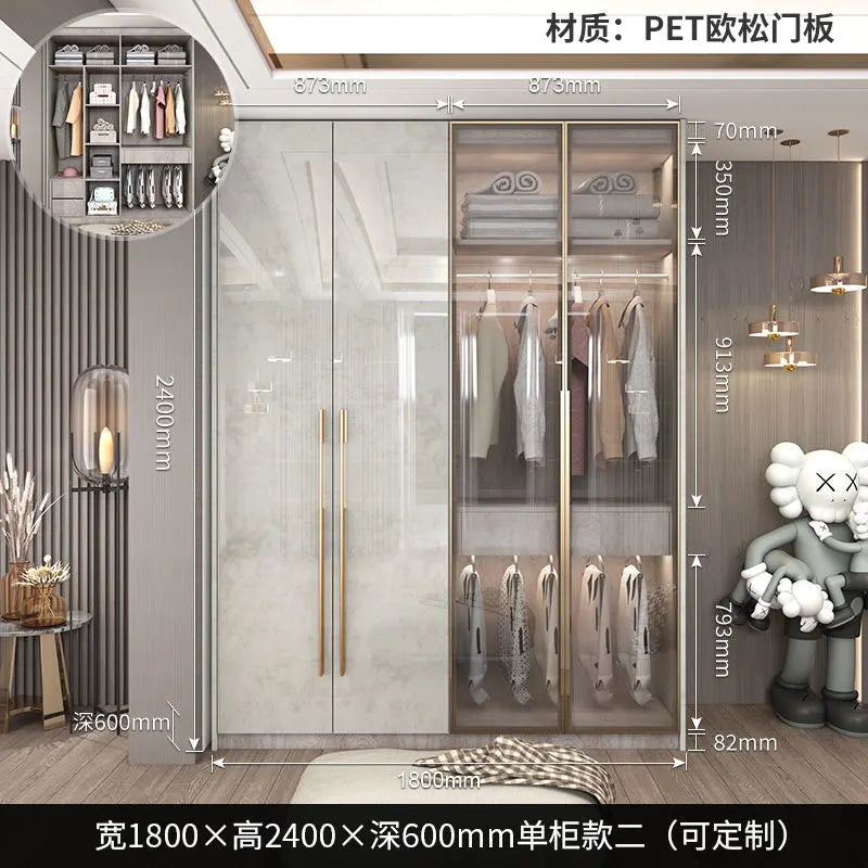 Glass Door Modern Wardrobe With Ample Storage And Brass Hardware — Pale Gray | KIMLUD