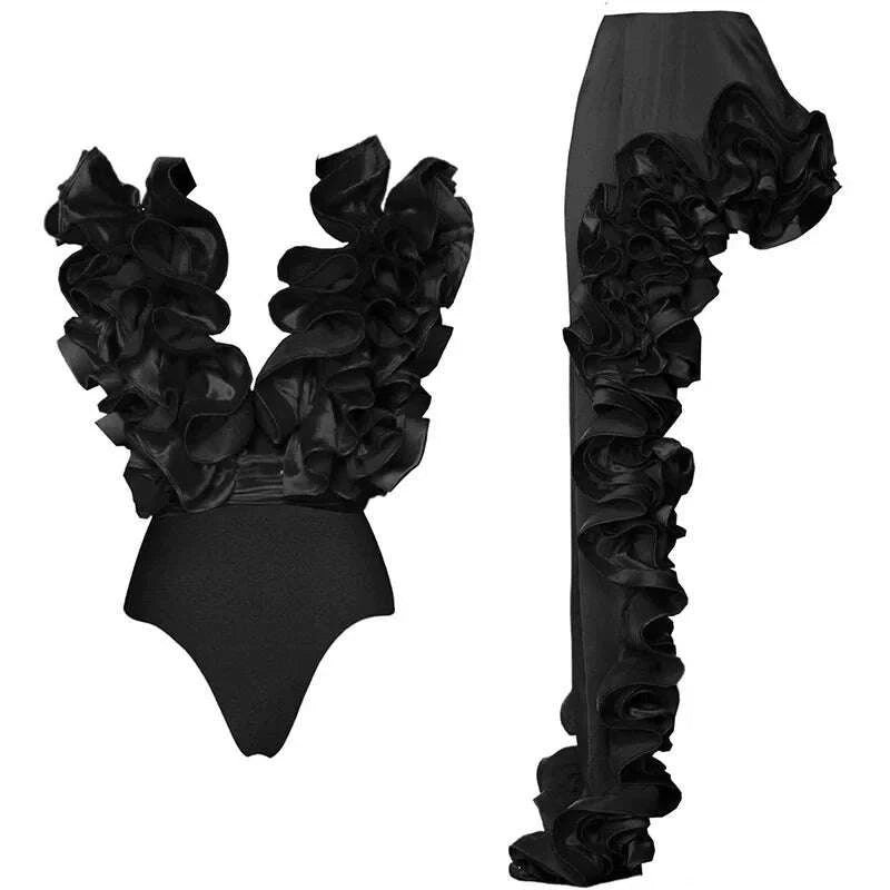 KIMLUD, CM.YAYA Women Sets Streetwear 2 Two-piece Suits Sexy Beach Holiday Ruffles Asymmetrical V-neck Bodysuit+Long Skirts Bikinis Sets, KIMLUD Womens Clothes