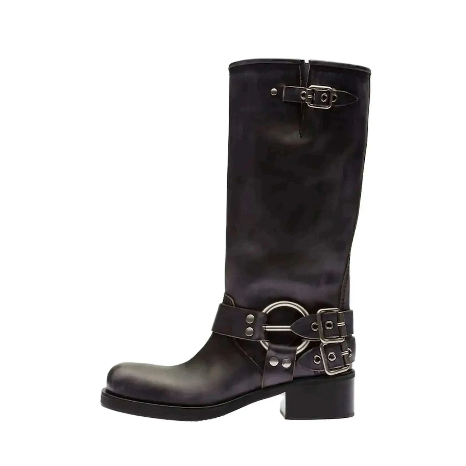 KIMLUD, Arden Furtado 2025Autumn Brown Platform Motorcycle boots Round toe Belt buckle Slip-on Middle heel Knee high boots Western boots, KIMLUD Womens Clothes