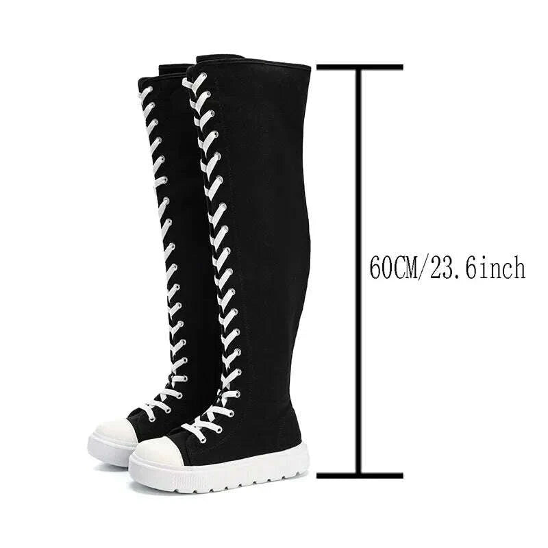 KIMLUD, Plus Size Women's Canvas Boots Spring Autumn High Top Side Zipper Simple Long Tube over Knee Shoes Flat Heel Adult Footwear, KIMLUD Womens Clothes