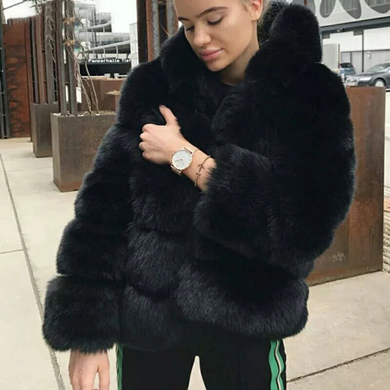 Ladies Fox Coat Luxury Faux Fox Fur Short Hooded Jacket Women Fashion Winter Warm Thick Fake Fur Coats Flurry Fur Overcoat 2024