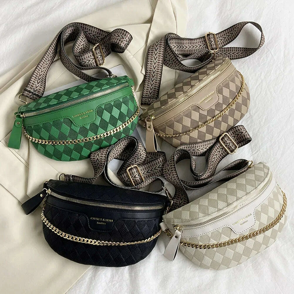 KIMLUD, Rhombic Lattice Female Sling Waist Pack Fashion Chain Sports Satchel Casual PU Leather Portable Wide Strap for Weekend Vacation, KIMLUD Womens Clothes