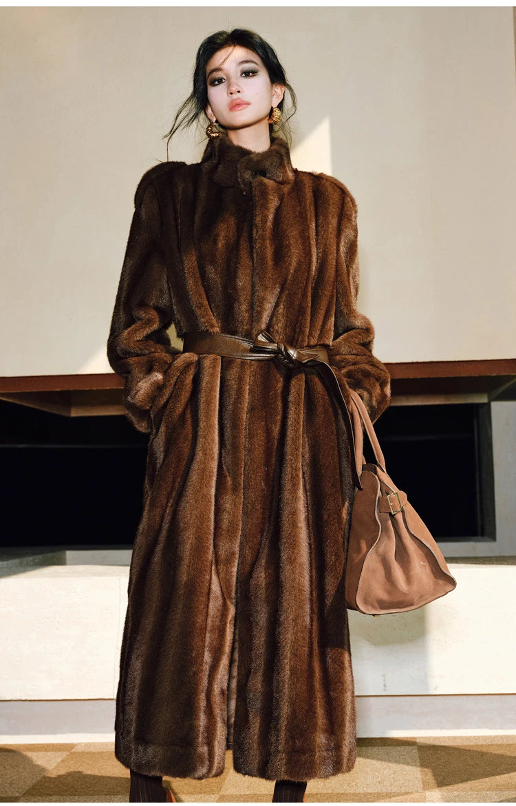 Lautaro Spring Winter Long Soft Thick Warm Brown Faux Mink Fur Coat Women Luxury High Quality Elegant Chic Fluffy Overcoat 2025
