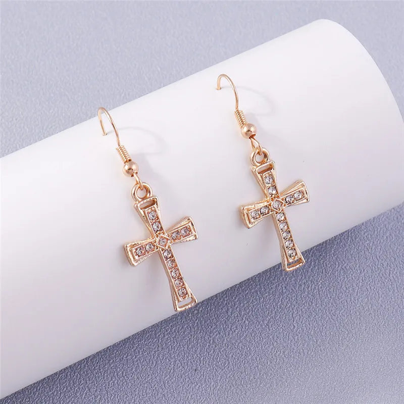 Silver-Tone Cross Earrings Zircon Crystal Dangle — Silver | KIMLUD