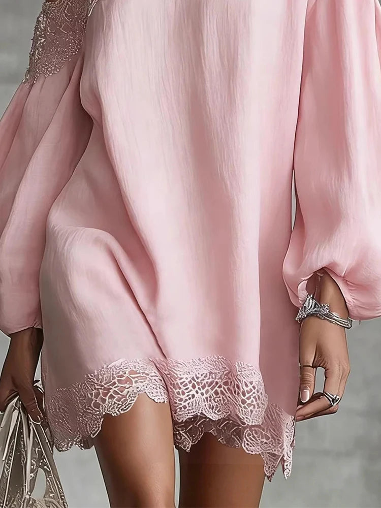 Polyester Lace Trim Off-Shoulder Mini Dress — Ivory | KIMLUD