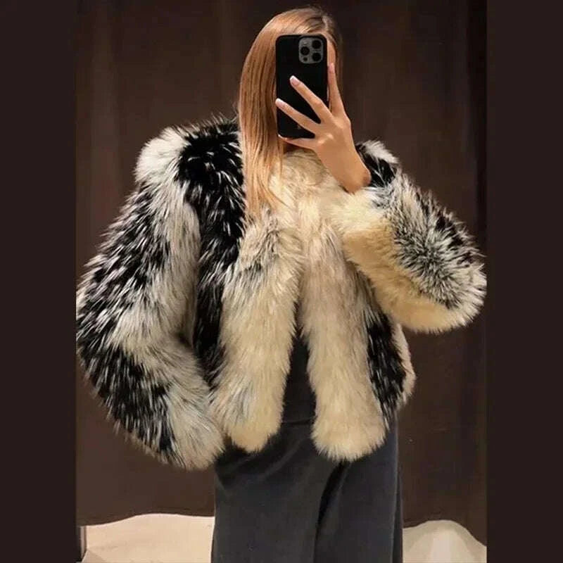 KIMLUD, Stylish Contrast Faux Fur Women Coat Elegant O-neck Single Breasted Full Sleeve Female Coats 2025 Winter Chic Lady Jacket, KIMLUD Womens Clothes