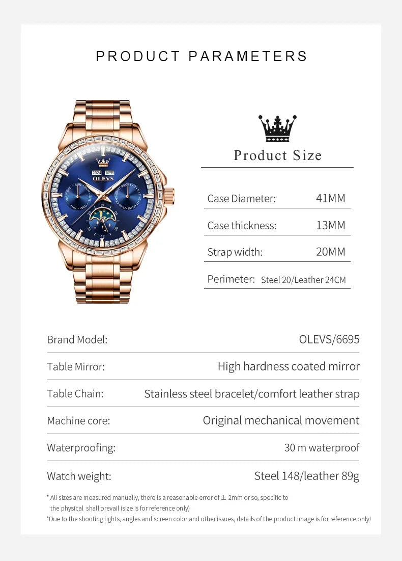 OLEVS 6695 NEW Men's Watches Full Multifunctional Dial Blue Leather Strap Calendar Week Moon Phase Waterproof Wristwatch