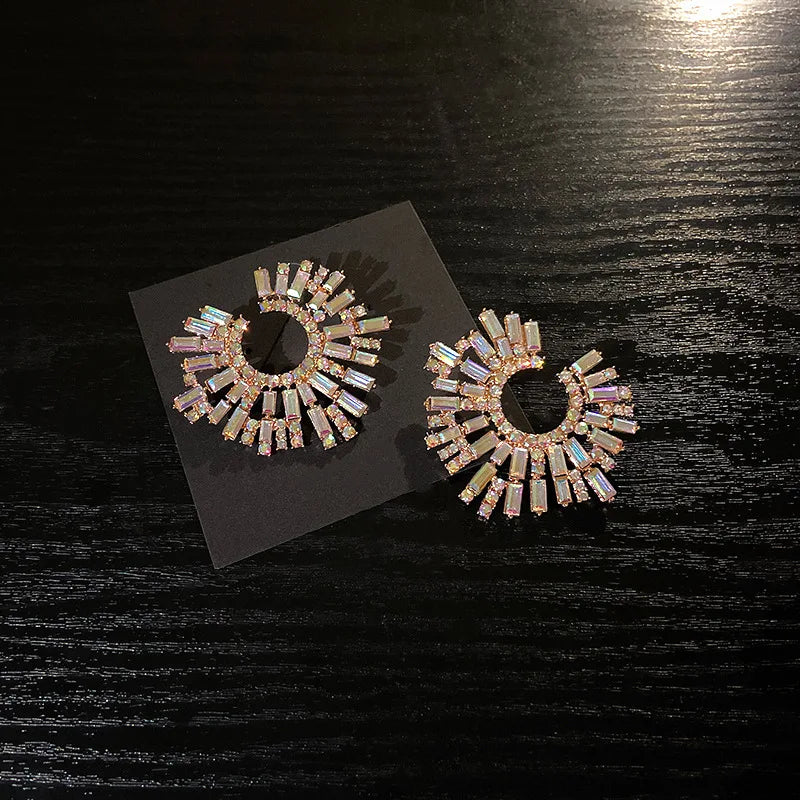 Crystal Statement Earrings Large Circle Flower Rhinestone — Crystal | KIMLUD