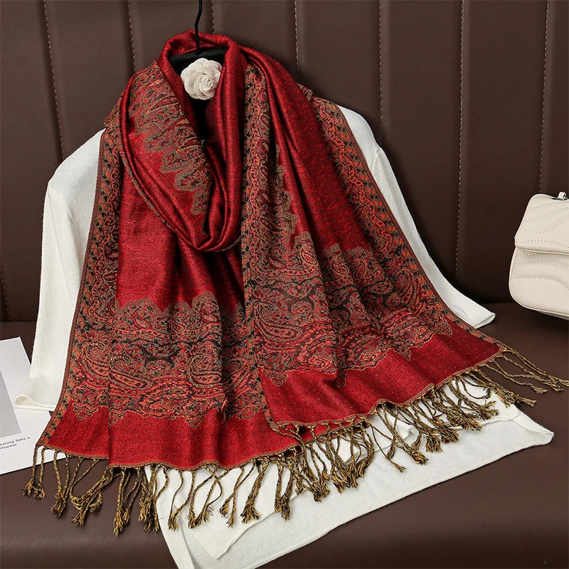 Cashmere Pashmina Shawl With Autumn Print Design, Olive Accents And Gold-Toned Fringe — Red | KIMLUD