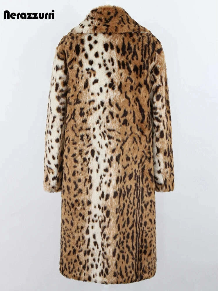 KIMLUD, Nerazzurri Winter Long Loose Luxury Thick Warm Soft Fluffy Leopard Print Faux Fur Coat Women Lapel Runway European Fashion 2022, KIMLUD Womens Clothes